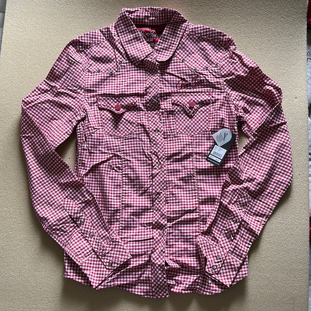 New Pepe Jeans London Cassidy Red Plaid Snap Button Down Top (Medium)